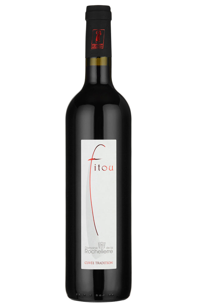 A bottle of Fitou red wine from Domaine de la Rocheliere, featuring a dark glass bottle with a white label and red accents, set against a plain white background.