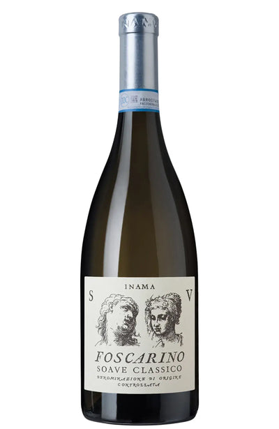 A bottle of Inama Foscarino Soave Classico white wine, featuring a dark glass bottle with a cream-colored label and a silver foil capsule at the top, set against a plain white background.