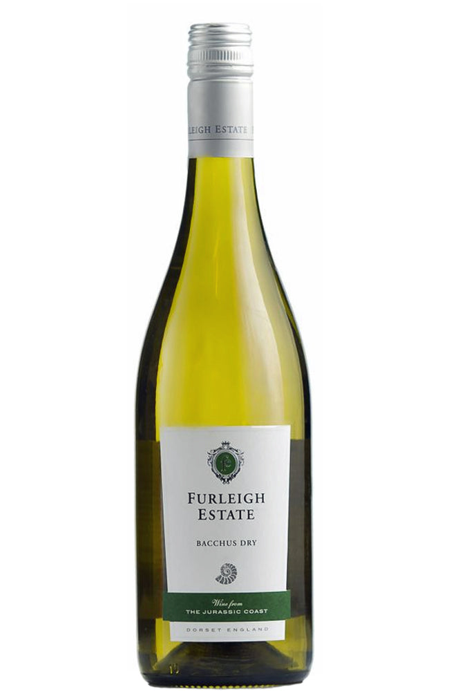 A bottle of Furleigh Estate Bacchus Dry white wine, showing the green glass bottle, silver foil neck, and white label with green accents against a white background.