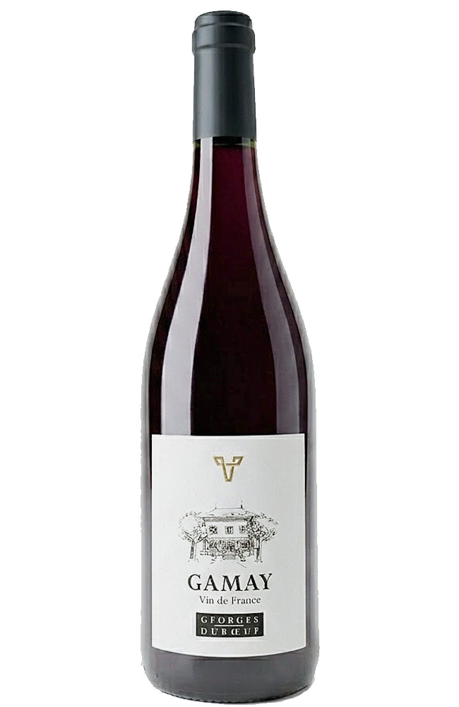 Bottle of Georges Duboeuf Gamay wine with a white label on a white background