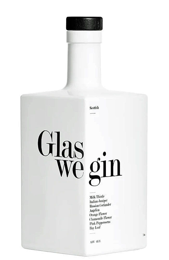 White bottle of Glas we gin with black text on a white background