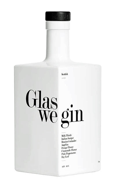White bottle of Glas we gin with black text on a white background