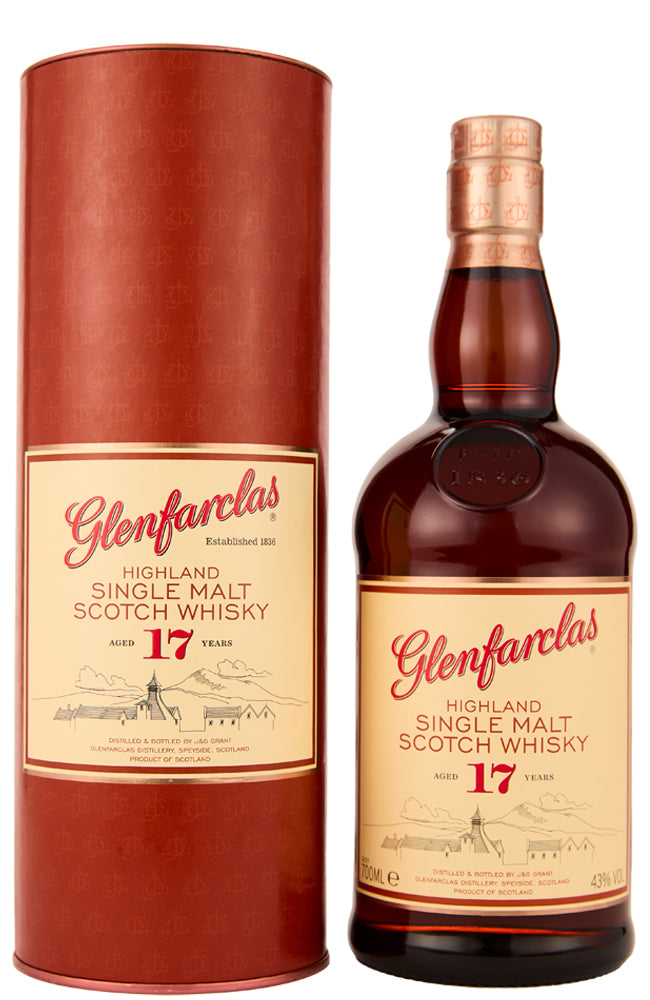 Glenfarclas 17-year-old Highland Single Malt Scotch Whisky bottle and gift tube on a white background