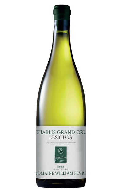 A bottle of Domaine William Fèvre Chablis Grand Cru Les Clos white wine, featuring a pale yellow-green liquid in a dark green glass bottle with a white label and a dark green capsule, set against a plain white background.