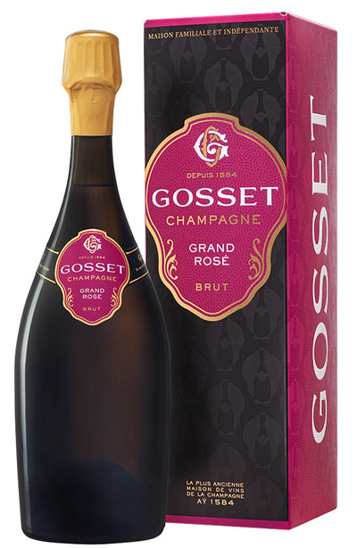 Gosset Champagne Grand Rose Brut bottle and packaging on a white background
