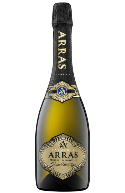 A bottle of Arras Grand Vintage Tasmanian Sparkling Wine, featuring a dark green glass bottle, a black neck foil with gold lettering, and a gold and black decorative label on a plain white background.