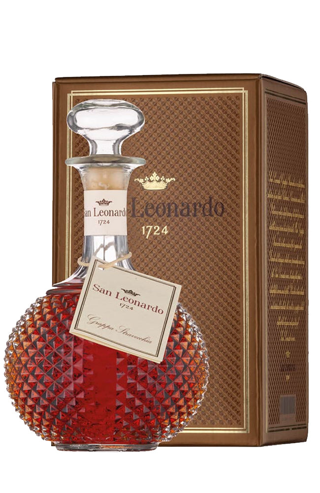 San Leonardo Grappa Stravecchia bottle and gift box on a white background