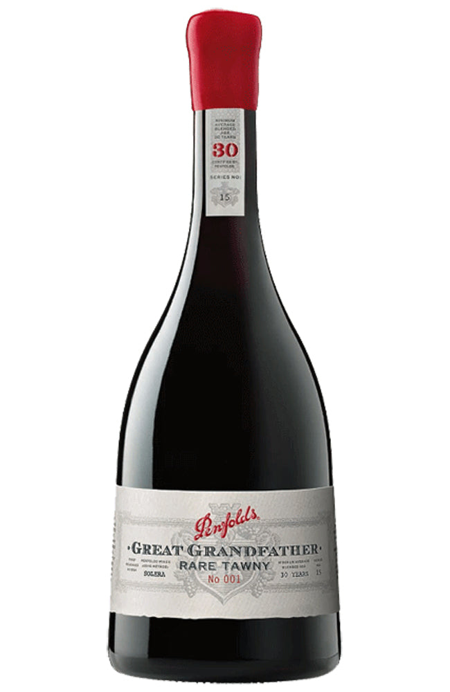 Penfolds Great Grandfather Rare Tawny 30 Year Old wine bottle on a white background