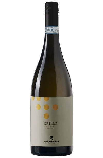 A bottle of Mandrarossa Grillo Sicilian White Wine on a plain white background