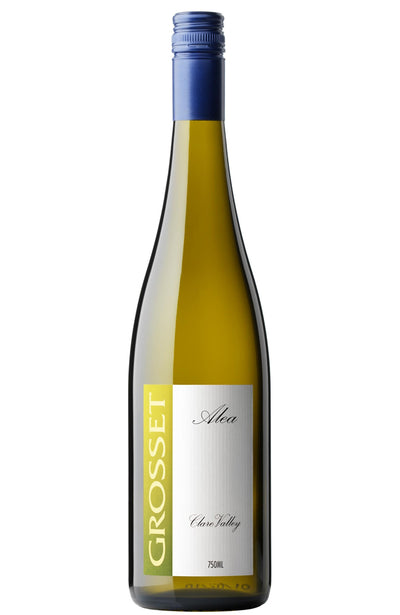 A bottle of Grosset Alea Clare Valley Riesling white wine, featuring a dark green glass bottle with a blue screw cap, a yellow vertical label, and a white main label.