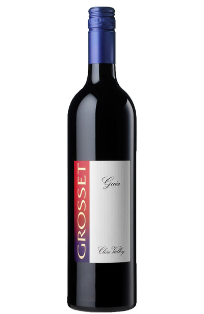 A bottle of Grosset Gaia Clare Valley red wine, featuring a dark glass bottle with a blue foil neck wrap and a label with a red vertical bar and a silver background.