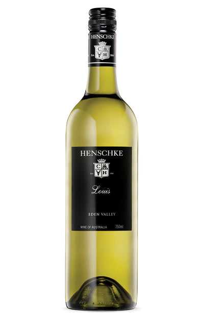 A 750ml bottle of Henschke Louis Eden Valley white wine, showing the pale yellow-green wine inside a dark green glass bottle with a black label and silver details, isolated on a white background.