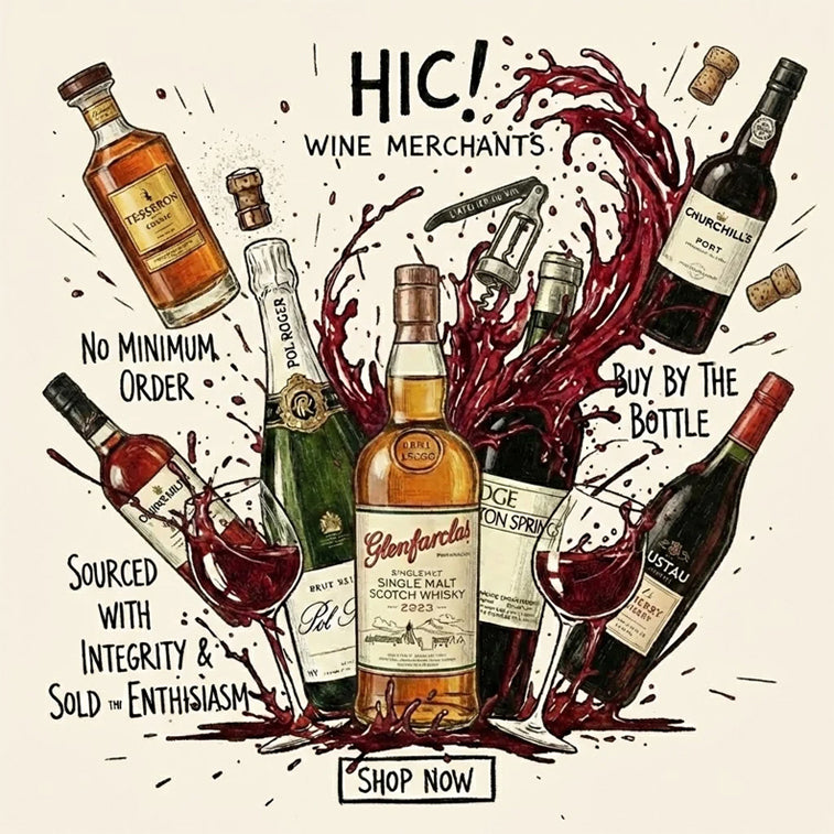 Promotional graphic for HIC! Wine Merchants featuring various wine bottles and text.