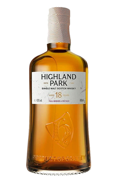 A bottle of Highland Park 18 Years Old Single Malt Scotch Whisky on a solid white background.