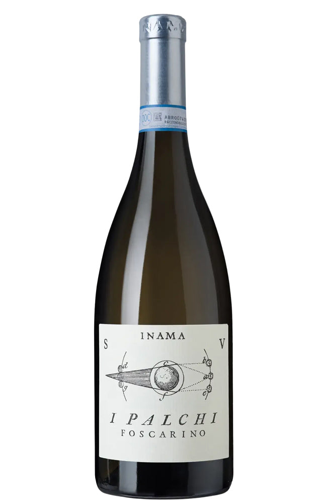 A bottle of Inama I Palchi Foscarino Soave Classico white wine with a dark glass body, a silver foil capsule, and a white label featuring a black line drawing of a sailboat.