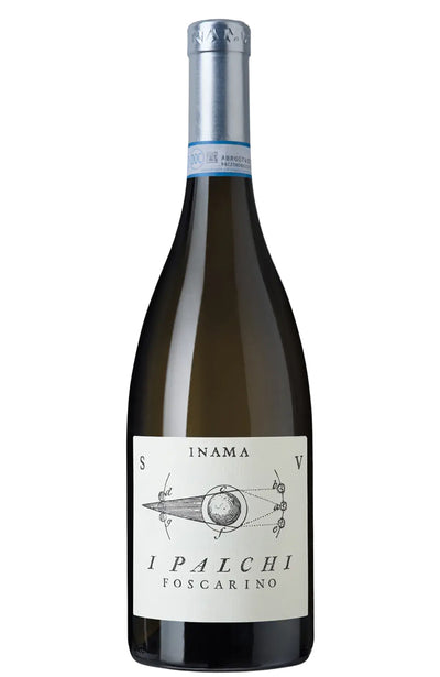 A bottle of Inama I Palchi Foscarino Soave Classico white wine with a dark glass body, a silver foil capsule, and a white label featuring a black line drawing of a sailboat.