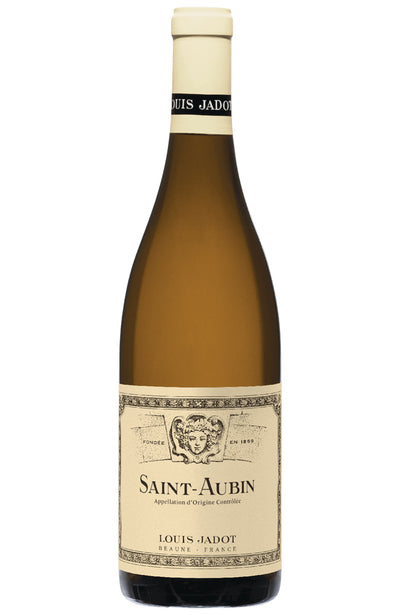 A bottle of Louis Jadot Saint-Aubin white wine, featuring a cream-colored paper label and a dark glass bottle, shown against a plain white background.