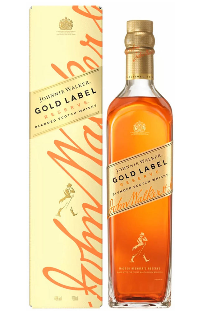 Johnnie Walker Gold Label whisky bottle and packaging on a white background