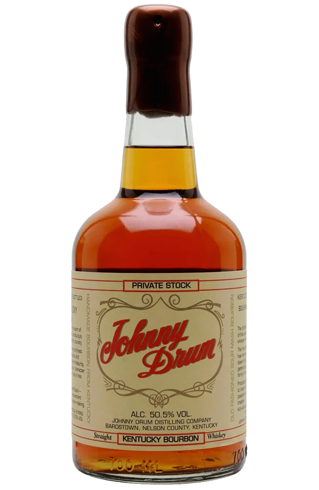 A bottle of Johnny Drun Private Stock Kentucky Bourbon Whiskey, featuring amber liquid, a cream label with red lettering, and a dark brown wax seal on a white background.