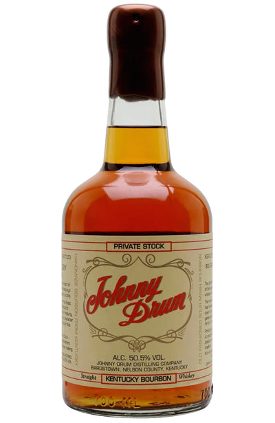A bottle of Johnny Drun Private Stock Kentucky Bourbon Whiskey, featuring amber liquid, a cream label with red lettering, and a dark brown wax seal on a white background.