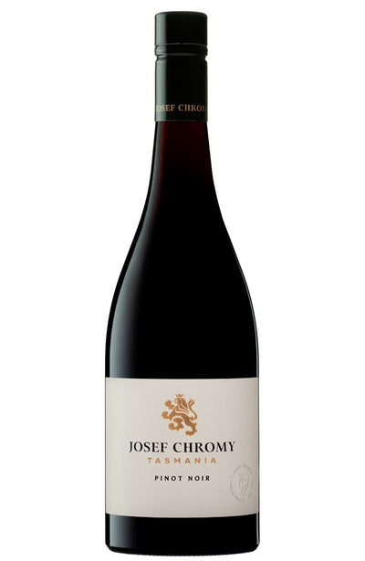 A bottle of Josef Chromy Tasmania Pinot Noir red wine, featuring a dark glass bottle with a cream-colored label and gold branding details.