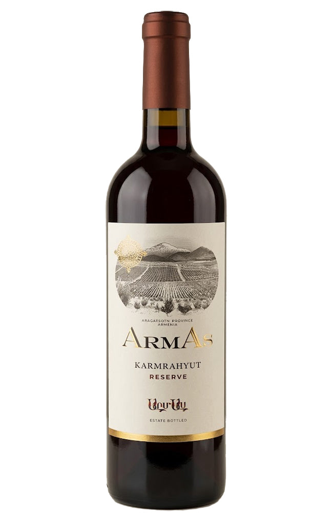 A bottle of Armas Karmrahyut Reserve red wine from Armenia, featuring a dark glass bottle with a brown foil top and a cream-colored label with gold and black text and graphics.