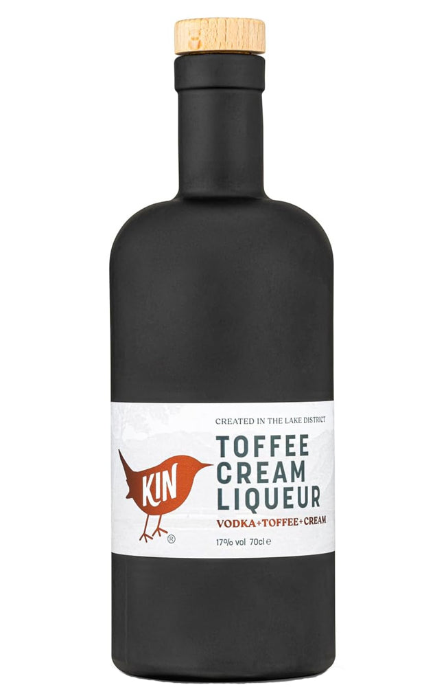 A matte black bottle of KIN Toffee Cream Liqueur with a light wood cap and a white label featuring an orange bird logo.