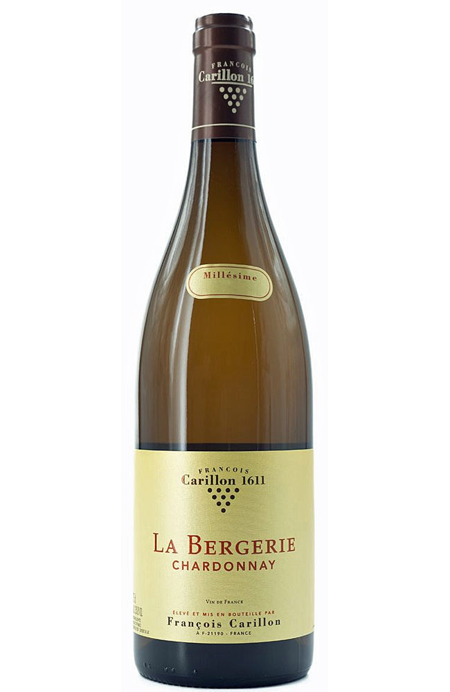 A bottle of François Carillon La Bergerie Chardonnay white wine, featuring a dark brown glass bottle with a cream-colored label and a dark brown capsule neck seal.