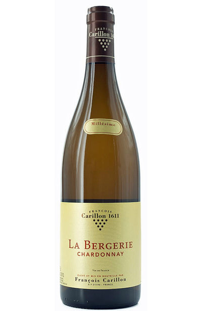 A bottle of François Carillon La Bergerie Chardonnay white wine, featuring a dark brown glass bottle with a cream-colored label and a dark brown capsule neck seal.