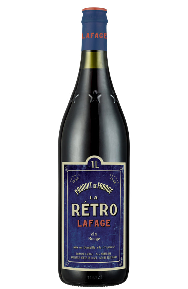A bottle of La Rétro Lafage red wine, featuring a dark glass bottle with a blue and gold neck seal and a prominent blue front label with cream and red text.