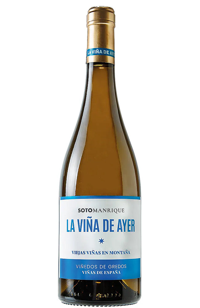 A bottle of Soto Manrique La Vína de Ayer white wine, featuring a white label with blue accents and a gold foil cap, set against a plain white background.