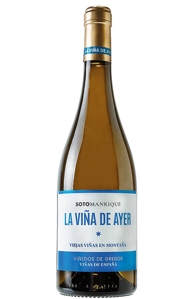 A bottle of Soto Manrique La Vína de Ayer white wine, featuring a white label with blue accents and a gold foil cap, set against a plain white background.