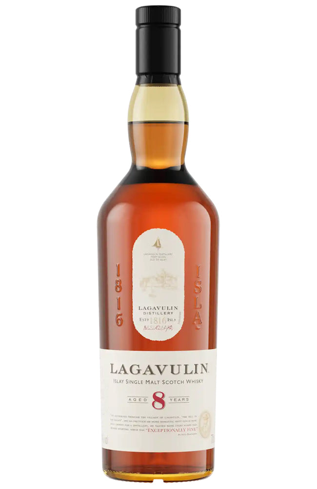 Lagavulin 8 Year Old Islay Single Malt Scotch whisky bottle on a white background
