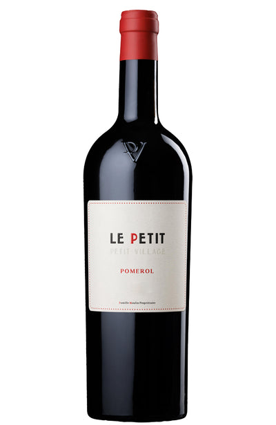 A bottle of Château Petit-Village, `Le Petit de Petit-Village` Pomerol red wine, featuring a dark glass bottle with a cream-colored label and a red wax seal on a solid white background.