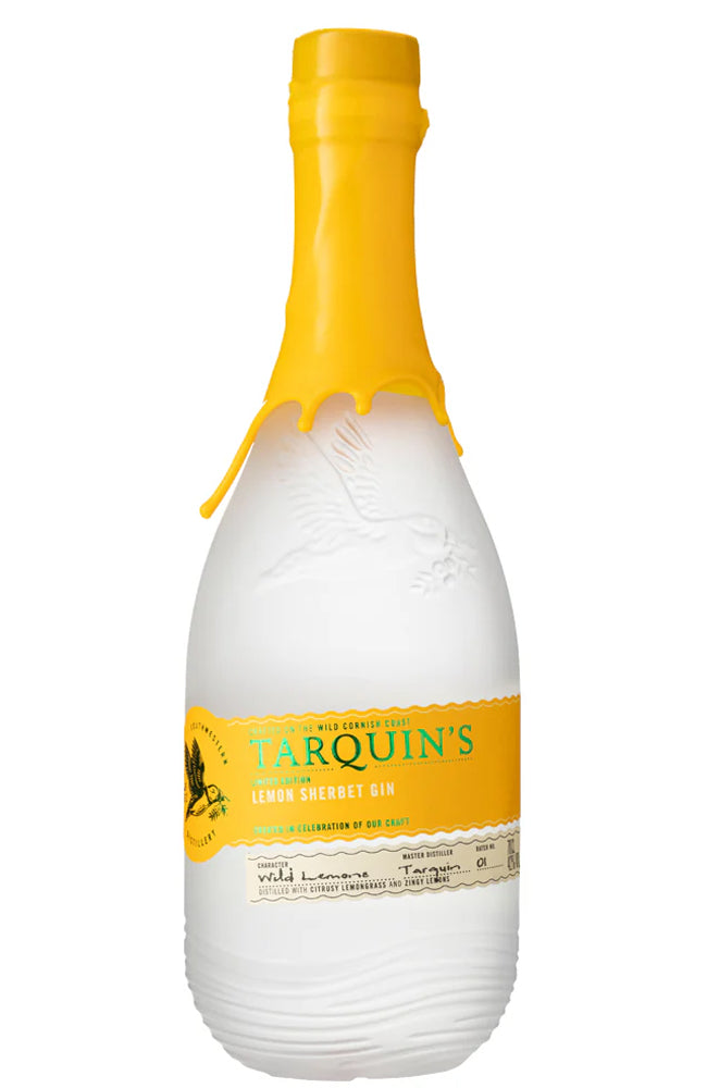 Bottle of Tarquin's lemon sherbet gin with a yellow cap on a white background