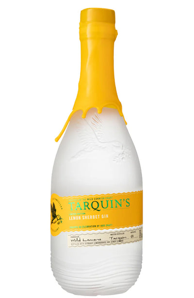 Bottle of Tarquin's lemon sherbet gin with a yellow cap on a white background