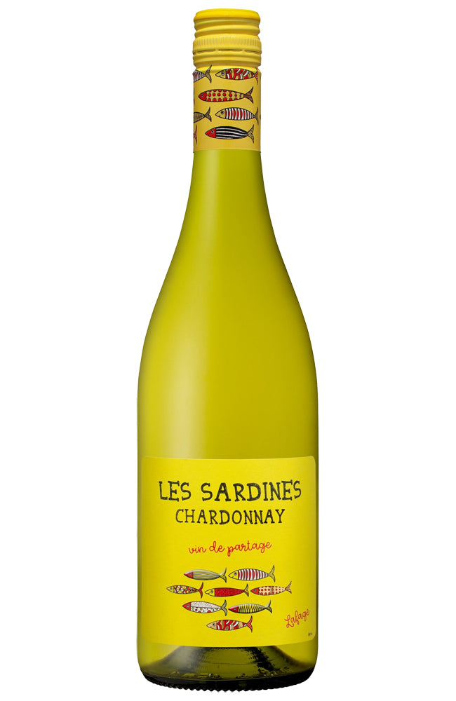 A bottle of Lafage Les Sardines Chardonnay white wine, featuring a bright yellow-green glass bottle with a yellow cap and a yellow label decorated with colorful fish illustrations.