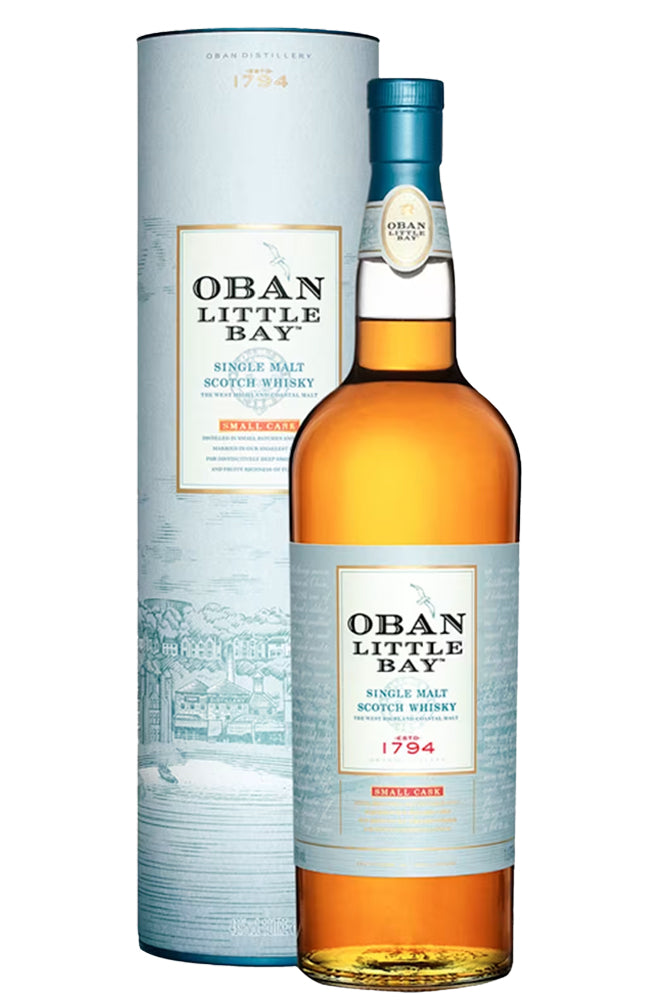 Oban Little Bay Highland Singe Malt Scotch Whisky Bottle and gift tube on a white background