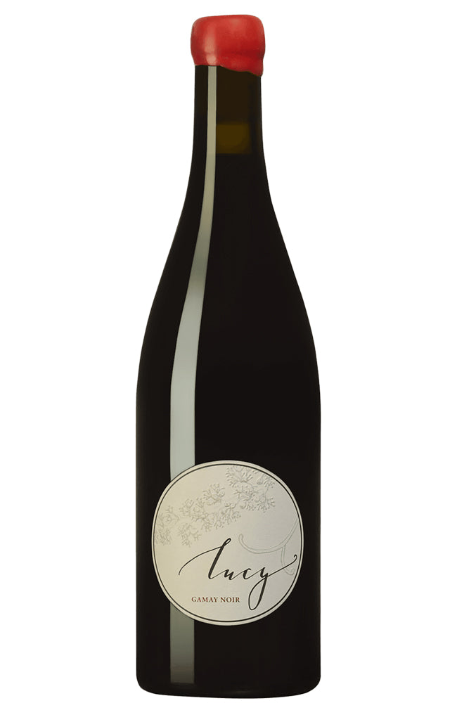 Lucy Gamay Noir Red Wine bottle with red wax capsule on a white background