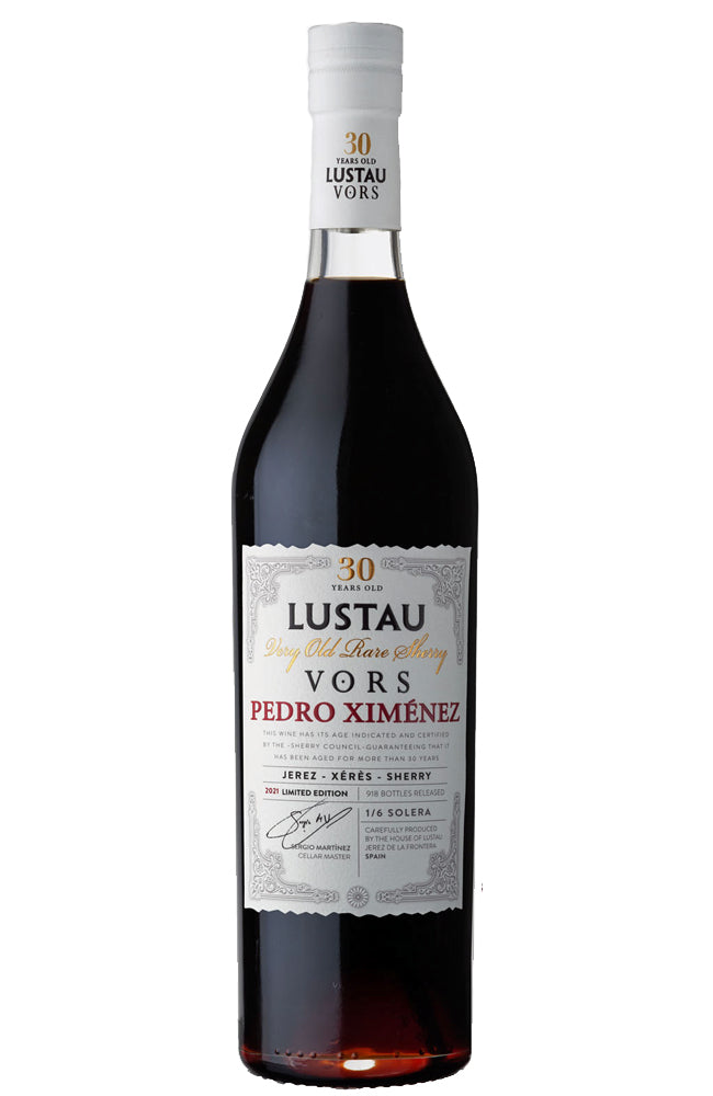 A bottle of Lustau Vors Pedro Ximénez 30 Year Old Sherry, featuring a dark glass bottle with a white label and a white screw cap, set against a plain white background.