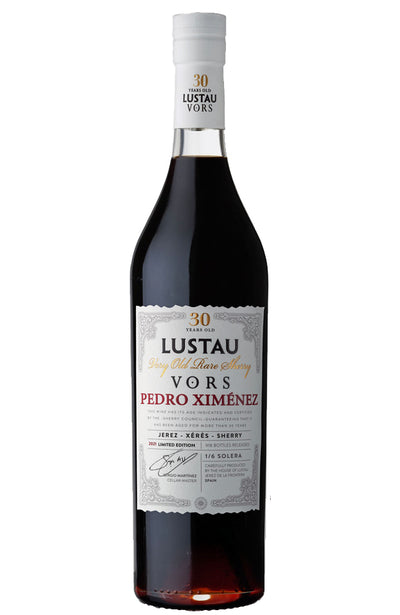 A bottle of Lustau Vors Pedro Ximénez 30 Year Old Sherry, featuring a dark glass bottle with a white label and a white screw cap, set against a plain white background.