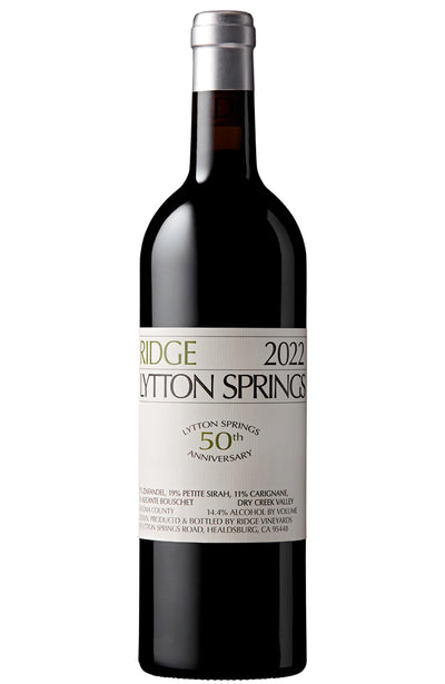 Bottle of Ridge 2022 Lytton Springs red wine with "Lytton Springs 50th Anniversary" emblem depicted on the front label.  