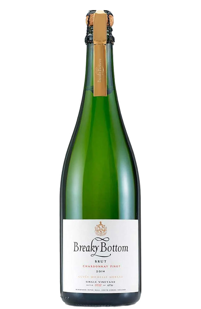 Bottle of Breaky Bottom Brut Chardonnay on a white background