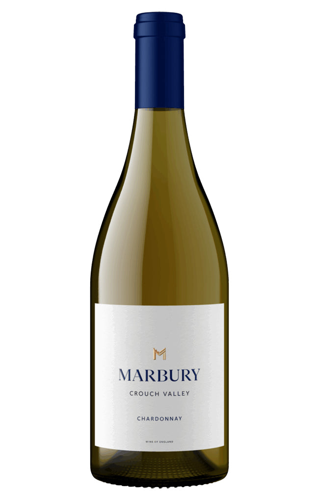 A bottle of Marbury Crouch Valley Chardonnay with a white label and a dark blue foil capsule, set against a plain white background.