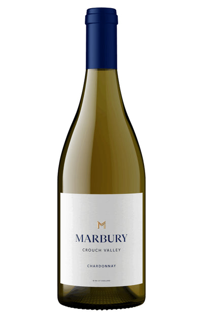 A bottle of Marbury Crouch Valley Chardonnay with a white label and a dark blue foil capsule, set against a plain white background.