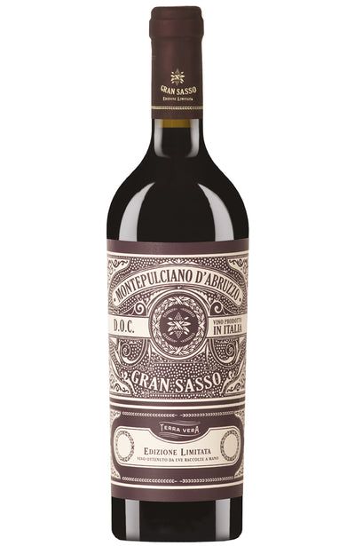 A bottle of Gran Sasso Montepulciano d'Abruzzo Gran Sasso red wine, featuring a dark glass bottle with a brown and beige ornate label and a dark brown foil capsule on the neck, set against a plain white background.