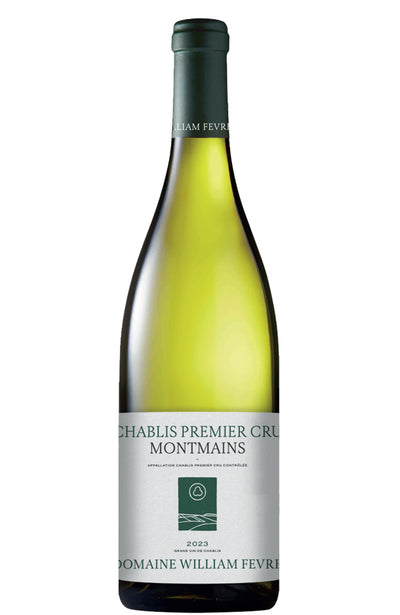 A bottle of Domaine William Fevre Chablis Premier Cru Montmains white wine, featuring a pale green glass bottle, a dark green neck capsule, and a white label with green text and logo.