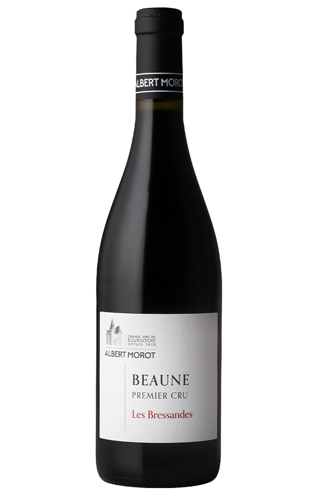 A bottle of Albert Morot Beaune Premier Cru Les Bressandes red wine, featuring a dark glass bottle with a white label and black capsule, set against a plain white background.