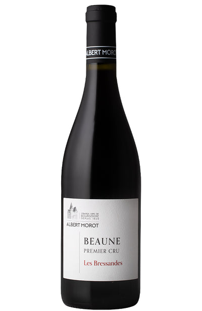 A bottle of Albert Morot Beaune Premier Cru Les Bressandes red wine, featuring a dark glass bottle with a white label and black capsule, set against a plain white background.