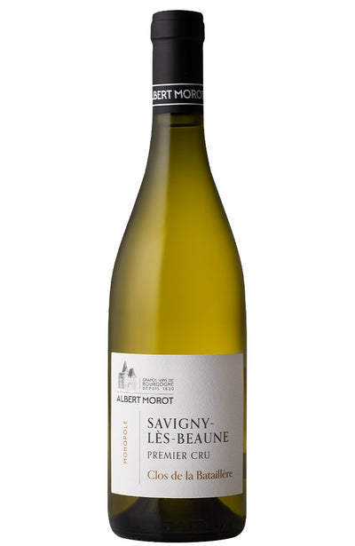 A bottle of Albert Morot Savigny-Lès-Beaune Premier Cru white wine, featuring a pale yellow-green glass bottle with a white label and black cap, isolated on a white background.